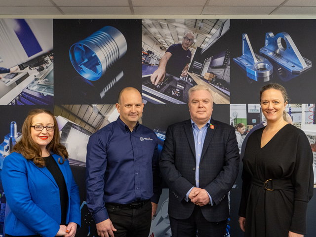 (left to right) Michelle Connor, from the Warwickshire Manufacturing Growth Programme, Technoset managing director Adam Land, Cllr Martin Watson, Warwickshire County Council portfolio holder for economy, and Cllr Louise Robinson, Rugby Borough Council portfolio holder for growth, investment, digital and communications, at the Technoset offices on the Glebe Farm Industrial Estate.