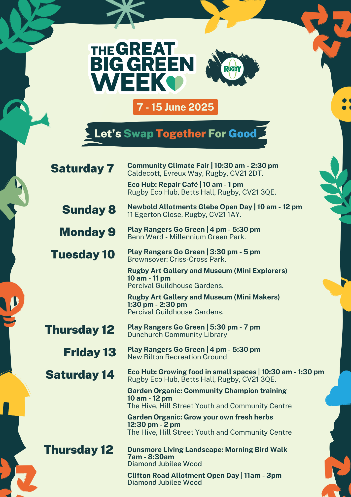 Poster for The Great Big Green Week activities in Rugby