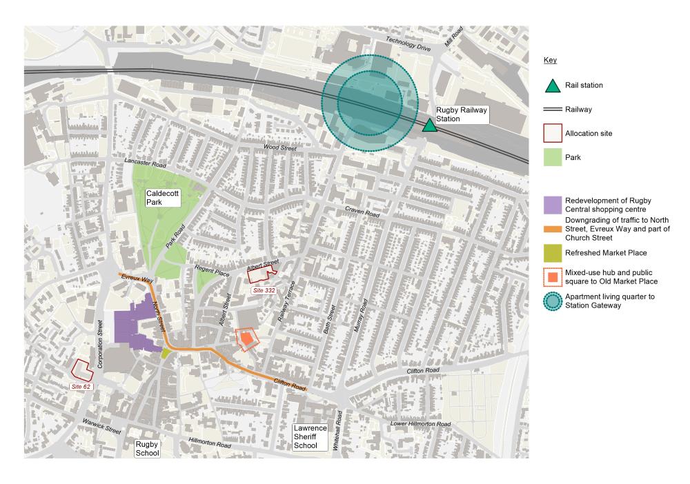 Map showing key projects to deliver the vision for Rugby town centre